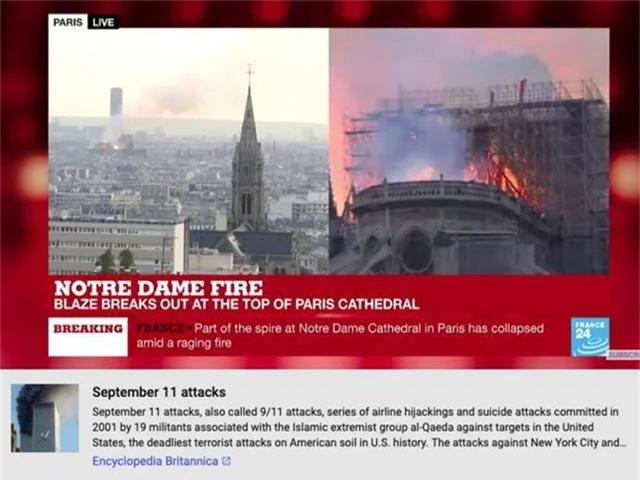 YouTube liên kết nhầm vụ cháy Nhà thờ Đức Bà Paris sang vụ khủng bố 11/9 - Ảnh 1.