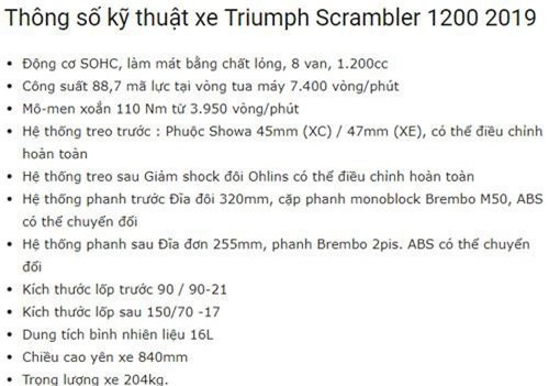 Thông số kỹ thuật của Triumph Scrambler 1200 XE 2019.