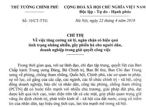 Chỉ thị 10/CT-TTg của Thủ tướng Chính phủ về việc tăng cường xử lý, ngăn chặn có hiệu quả tình trạng nhũng nhiễu, gây phiền hà cho người dân, doanh nghiệp trong giải quyết công việc