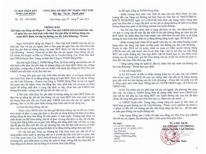 UBND tỉnh Lâm Đồng yêu cầu BOT Định An phải thu phí tự động không dừng trước ngày 30/10/2019 (Ảnh: VH)