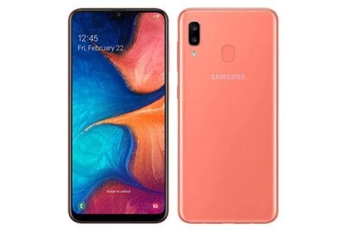 Samsung Galaxy A20 sử dụng vỏ nhựa nguyên khối nhưng được thiết kế giả kính. Máy có kích thước 158,4x74,7x7,8 mm, trọng lượng 169 g. 