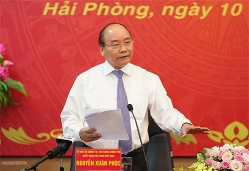 Thủ tướng phát biểu tạicuộc làm việc với Ban thường vụ Thành ủy Hải Phòng. Ảnh: VGP/Quang Hiếu