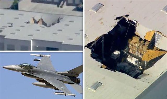 Máy bay chiến đấu F-16 mang vũ khí đâm thủng nóc nhà ở California
