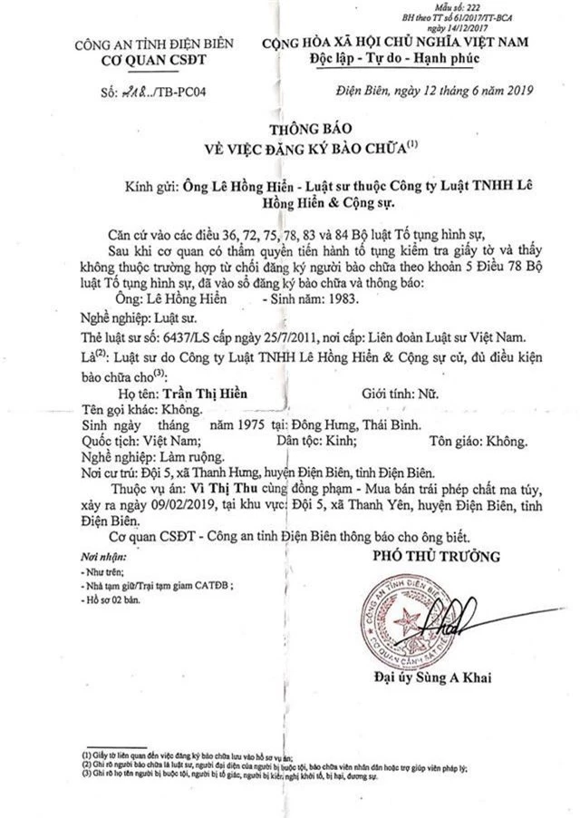 Công an Điện Biên thông báo luật sư đăng ký bào chữa cho mẹ nữ sinh giao gà bị sát hại - 1