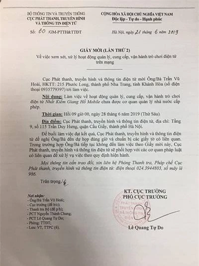 Cục PTTH&TTĐT gửi giấy mời cho ba cá nhân liên quan đến game Nhất kiếm Giang hồ Mobile phát hành không phép.