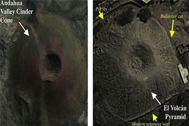 Kim tự tháp El Volcan chụp từ trên cao, thấy rõ "miệng núi lửa"