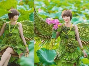 Độc đáo bộ ảnh sen với trang phục hoàn toàn bằng lá cây