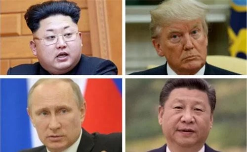 Từ trái qua phải: Nhà lãnh đạo Triều Tiên Kim Jong-un, Tổng thống Mỹ Donald Trump, Tổng thống Nga Vladimir Putin, Chủ tịch Trung Quốc Tập Cận Bình. (Ảnh: Telegraph)