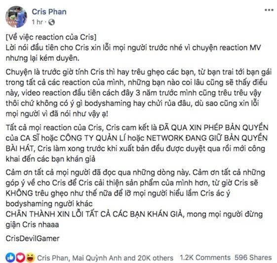 Cris Phan xin lỗi, giải thích việc body shaming mẫu nữ trong MV của Sơn Tùng M-TP: Mình hay trêu ghẹo các bạn, chứ không có ý gì - Ảnh 3.