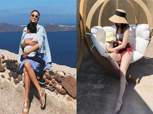 Cùng check-in Santorini, chị chồng Hà Tăng khoe chân dài nuột nà "hot" chẳng kém em dâu