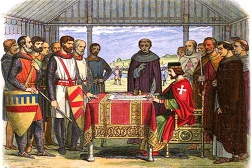 Tranh cổ: Vua John ký Magna Carta.