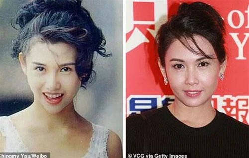 Khâu Thục Trinh khi tham gia cuộc thi Hoa hậu Hong Kong năm 19 tuổi (ảnh trái). Hơn 20 năm sau khi từ giã sự nghiệp diễn xuất, bà mẹ ba con vẫn khiến công chúng ngỡ ngàng bởi diện mạo trẻ trung (ảnh phải)