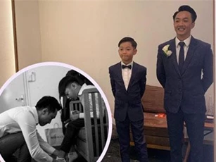 Tan chảy trước khoảnh khắc Cường Đô La cột dây giày cho con trai Subeo trong hôn lễ của mình cùng Đàm Thu Trang