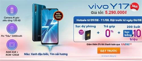 Khi đặt trước Vivo Y17, khách hàng sẽ được tặng sạc dự phòng 5.000 mAh.