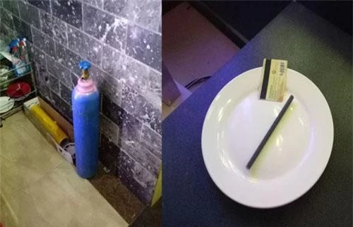 Bình khí N2O dùng để bơm bóng cười và dụng cụ sử dụng ma tuý được tìm thấy bên trong nhà hàng