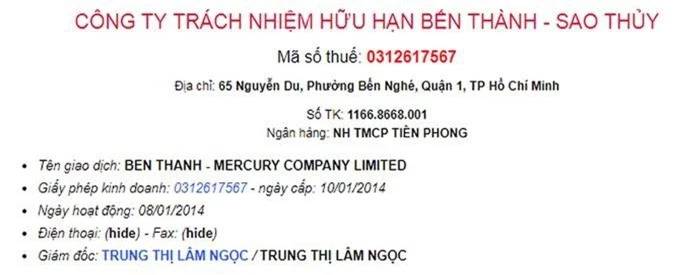 Hồ sơ Công ty TNHH Bến Thành -Sao Thủy do bà Ngọc làm Giám đốc.