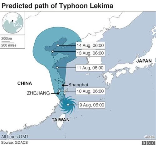 Siêu bão Lekima đã đổ bộ vào tỉnh Chiết Giang, miền đông Trung Quốc hôm 10/8 giờ địa phương. Bản đồ của BBC cho thấy đường đi của bão Lekima. (Đồ họa: BBC)