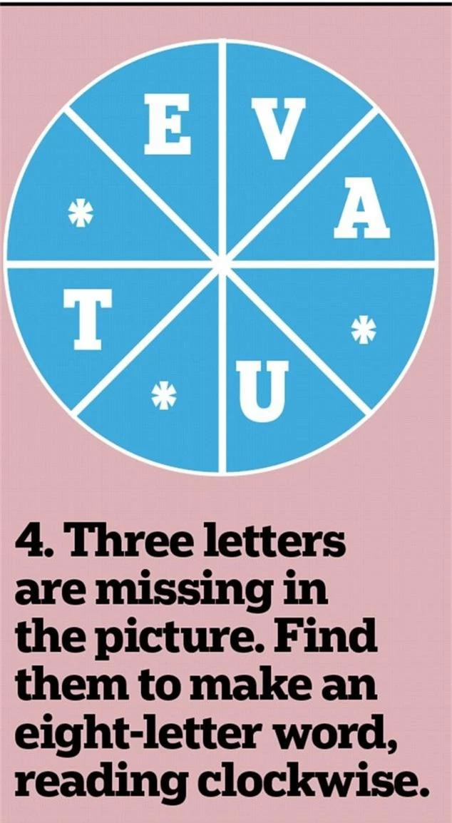 4. Tìm ba chữ bị mất trong hình này để xếp thành từ tiếng Anh gồm 8 chữ cái theo chiều kim đồng hồ.