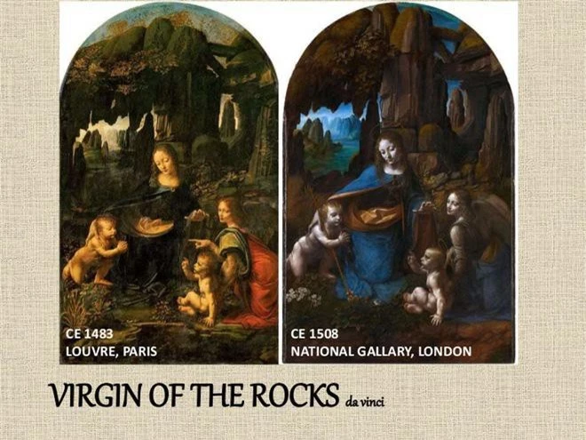 "Virgin of the rocks" bản gốc 1483 (trái) và bản sao lại 1508 (trái)