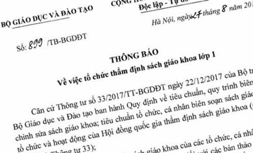 Bộ GD&ĐT thông báo tổ chức thẩm định sách giáo khoa lớp 1