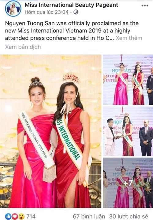 Thông tin và hình ảnh của Tường San được đăng tải trên trang chủ cuộc thi Miss International.