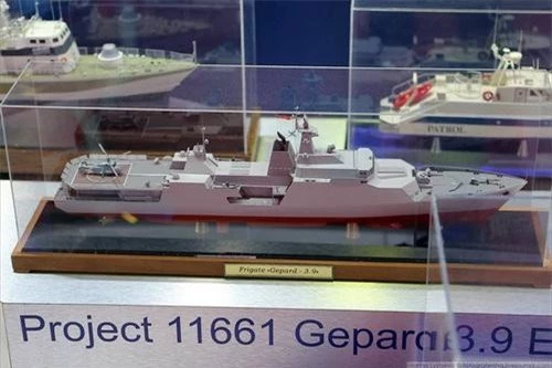 Mô hình tàu hộ vệ tên lửa Gepard 3.9E - Dự án 11661. Ảnh: Sputnik.
