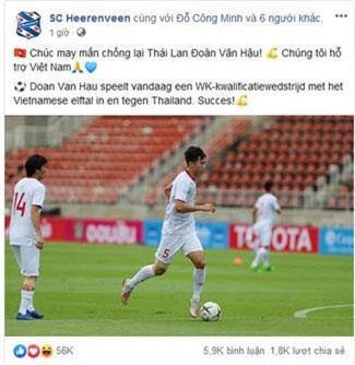 SC Heerenveen gửi lời chúc may mắn đến Đoàn Văn Hậu và đội tuyển Việt Nam ở trận gặp Thái Lan vào 19h tối nay (5/9)