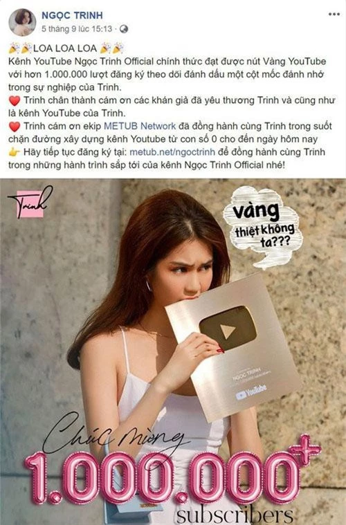 Dòng đăng tải của Ngọc Trinh về việc nhận được nút vàng kênh Youtube