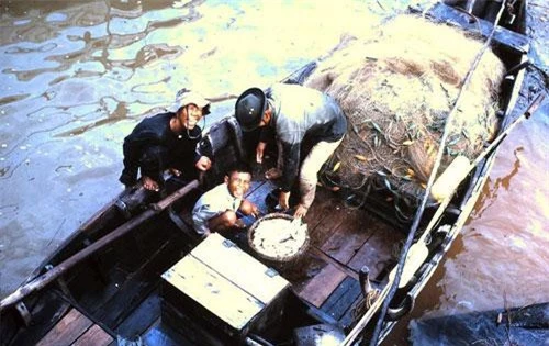 Chú bé giúp gia đình thu nhặt cá sau buổi kéo lưới ở Phan Thiết năm 1968.