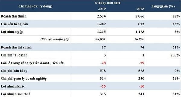 Số liệu kinh doanh 6 tháng đầu năm của VNG (Nguồn: Báo cáo tài chính hợp nhất bán niên 2019 đã soát xét)