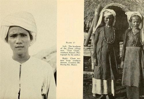 Ảnh trái: Một trưởng làng người Chăm ở khu vực Nam Trung Bộ. Ảnh phải: Hai phụ nữ lớn tuổi người dân tộc Chăm trong trang phục truyền thống.