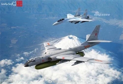 Đồ họa máy bay ném bom H-6K của Không quân Trung Quốc mang tên lửa DF-21D dưới bụng. Ảnh: Sina.