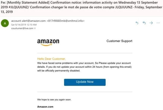 Email mạo danh Amazon để đánh cắp dữ liệu người dùng vừa được cảnh báo.