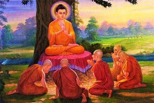 Đức Phật hội ngộ 5 môn đồ đầu tiên của Ngài, là Kondanna, Bhaddiya, Vappa, Mahanama và Assaji. (Ảnh minh họa: Internet)