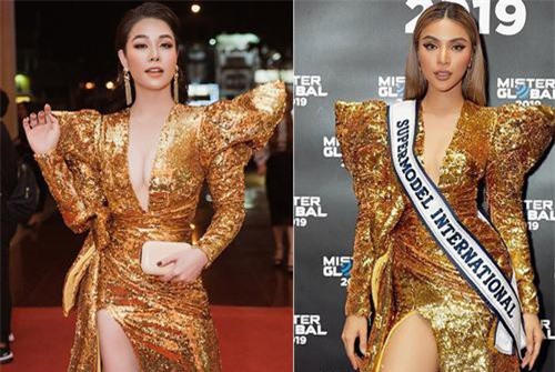 Kém 12cm chiều cao, Nhật Kim Anh cũng chẳng kém đẹp so với Siêu mẫu quốc tế Khả Trang khi cùng diện đầm lộng lẫy