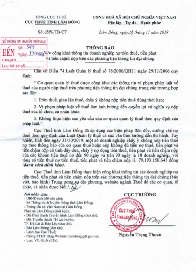 Thông báo công khai danh sách chây ỳ nợ thuế của Cục thuế tỉnh Lâm Đồng (Ảnh: VH)