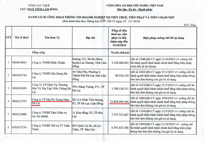 Dẫn đầu danh sách là Công ty cổ phần Địa ốc Trung Nam Đà Lạt (Ảnh: VH)