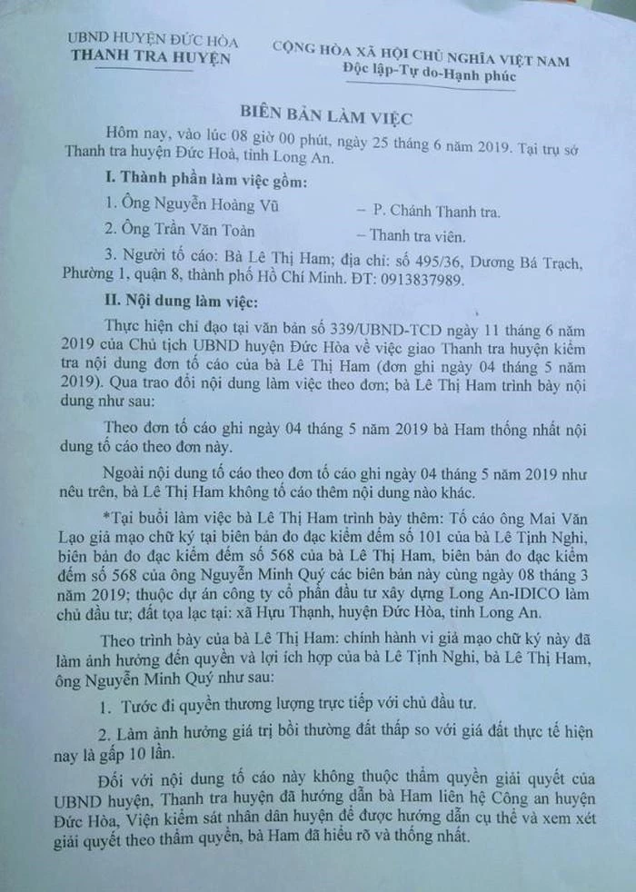 Biên bản làm việc ngày 25-6 do Phó Chánh Thanh tra huyện Nguyễn Hoàng Vũ ký, cho biết đã chuyển hồ sơ vụ giả mạo chữ ký để lấy tiền bồi thường đất bị thu hồi sang Công an huyện xử lý (ảnh TM)