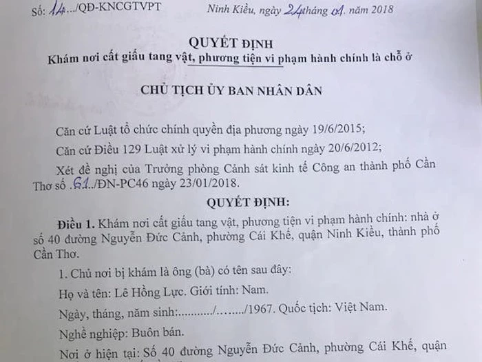 Quyết định khám nhà ông Lê Hồng Lực được Chủ tịch UBNS Quận Ninh Kiều ký trước 6 ngày khi bắt quả tang mua bán 100 USD (Ảnh TL)