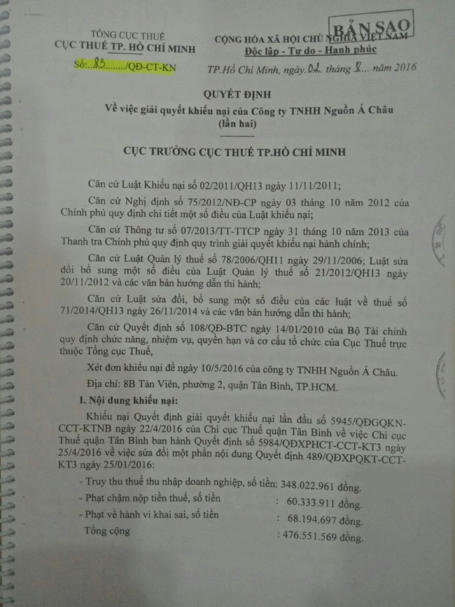 Quyết định 83/QĐ-CT-KN ngày 2-8-2016 của Cục trưởng Cục Thuế TP.HCM bị Công ty TNHH Nguồn Á Châu kiện ra tòa (ảnh TM).