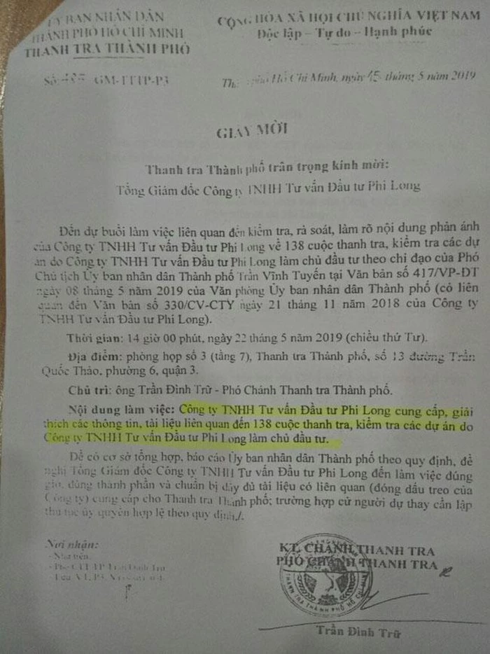 Từ sai phạm của nguyên Tổng giám đốc, công ty Phi Long tố cáo vị này và nhiều quan chức, kết quả nhận được "trái đắng" khi bị thanh, kiểm tra tới... 138 lần (ảnh TM)Cụ thể như: Dự án khu dân cư Miếu Nổi (quận Bình Thạnh, TP Hồ Chí Minh), Dự án An Khánh 2 (quận 2), dự án 3C Nam Sông Cần Thơ (thuộc phường Hưng Phú, quận Cái Răng, TP Cần Thơ).