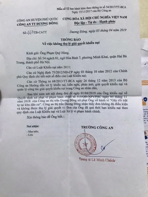 Văn bản duy nhất được CA thị trấn Dương Đông gửi cho ông Phạm Quý Hùng.