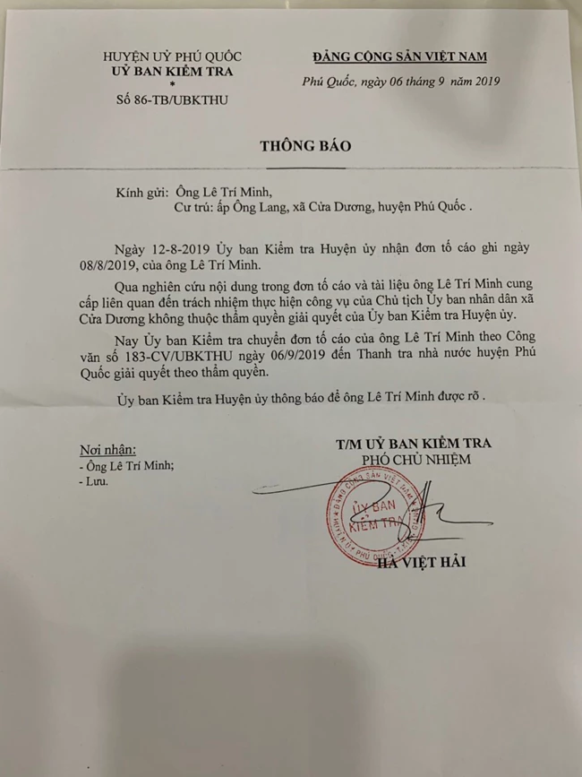 ... Thế nhưng sau 15 ngày "ngâm cứu", Ủy ban Kiểm tra Huyện ủy tự ý "chuyền bóng" sang cho Thanh tra Nhà nước huyện Phú Quốc.
