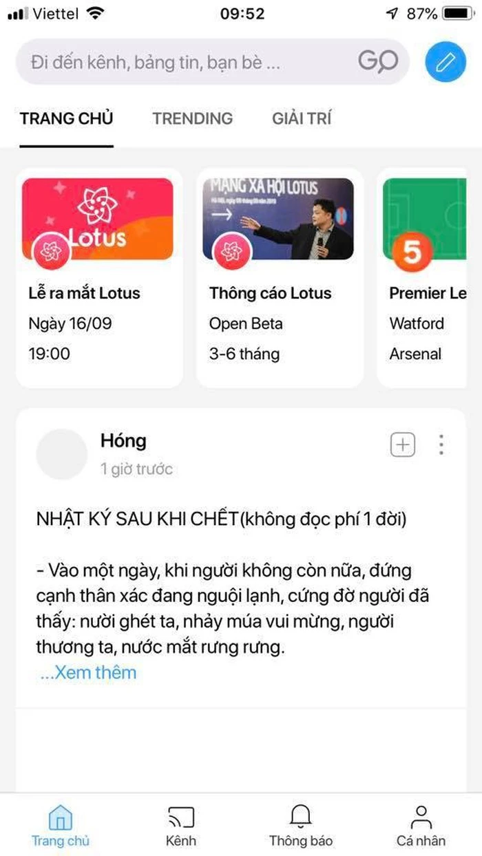 Hình ảnh giao diện trang chủ của Lotus.