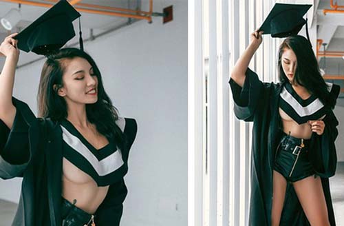 Mặc áo cử nhân nhưng "thả rông vòng một", nữ sinh viên khiến dân mạng nóng mắt