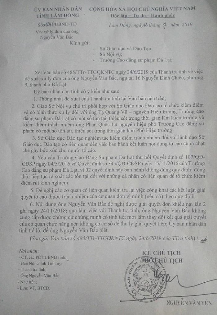 Sau 5 năm ông Bắc theo đuổi vụ việc để đòi danh dự và lẽ công bằng, mới đây, UBND tỉnh Lâm Đồng đã có sự chỉ đạo giải quyết tương đối khách quan và công tâm (Ảnh: VH)