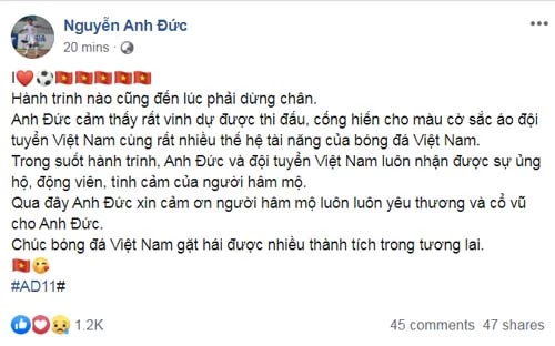 Anh Đức thông báo chia tay ĐT Việt Nam trên trang cá nhân.