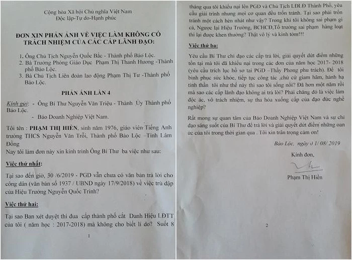 Một trong số những đơn phản ánh của giáo viên Phạm Thị Hiền gửi đến Doanh nghiệp Việt Nam (Ảnh: VH)