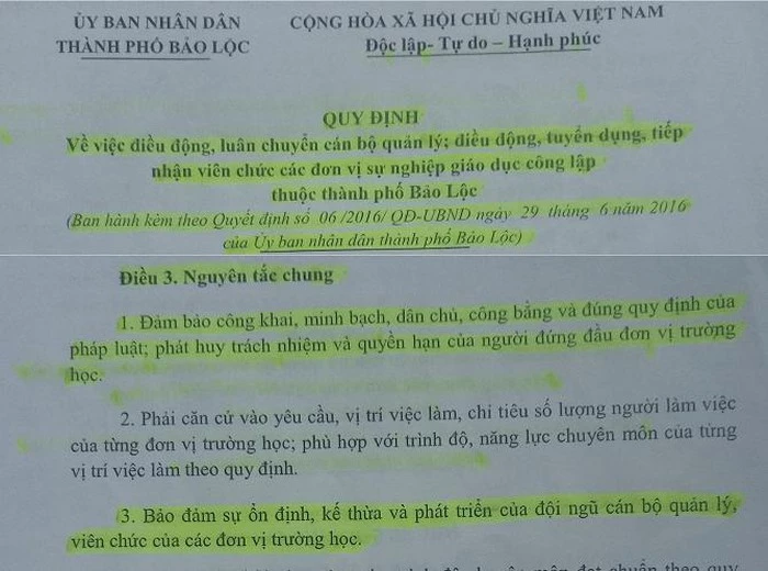 Nguyên tắc chung của Quy định về việc điều động, luân chuyển cán bộ quản lý các đơn vị sự nghiệp giáo dục công lập thuộc TP. Bảo Lộc (Ảnh: VH)