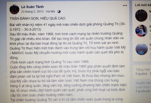 Tút Facebook của ông Tánh tự kể về chiến công đánh Trung tâm chỉ huy tác chiến Việt - Mỹ ngày 30/3/1969.